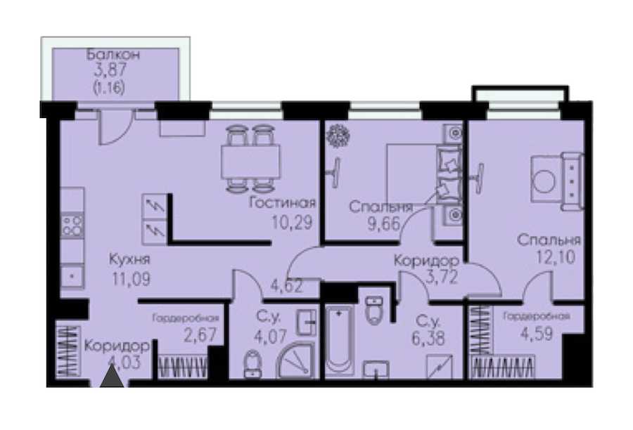 Трехкомнатная квартира в Евроинвест девелопмент: площадь 74.38 м2 , этаж: 9 – купить в Санкт-Петербурге